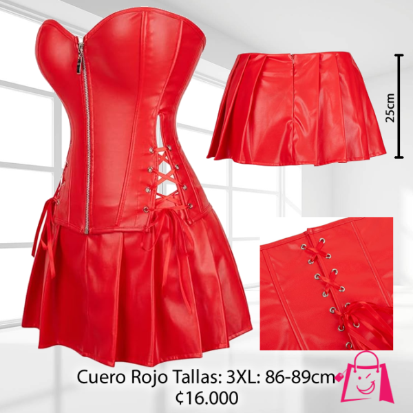 Corsé de cuero sintético, rojo, con falda incluida, corsés exclusivos y sofisticados