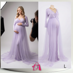Vestido Elegante de Maternidad Lila con Tul para Sesión De Fotos (Talla L)