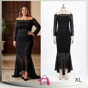 Vestido Elegante de Gala de Encaje Negro Corte Sirena (Talla XL) Vestido Largo de Fiesta