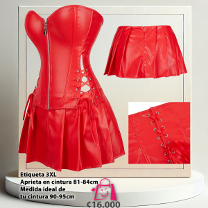 Conjunto Corsé y Falda de Cuero Sintético Rojo