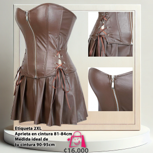 Conjunto Corsé y Falda de Cuero Sintético Café