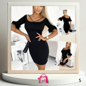 Vestido Negro Elegante con Plumas (Talla S)