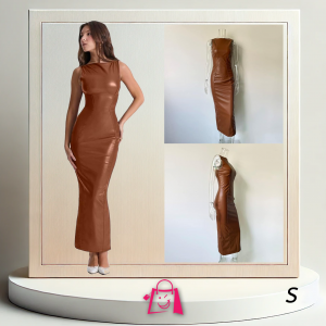 Vestido Midi de Cuero Sintético Café (Talla S)