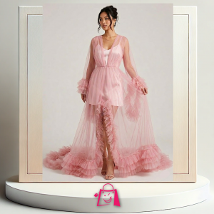 Bata Larga de Tul Rosada con Volantes (Talla Única) Bata Elegante de Tul Transparente Rosado