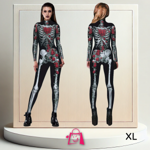 Enterizo de Esqueleto con Rosas Rojas para Mujer (Talla XL) Enterizo de Esqueleto de Licra Ajustable