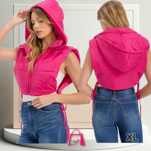 Chaleco Acolchado Crop Fucsia con Capucha (Talla XL) Chaleco Puffer Corto Fucsia Moda Urbana Juvenil