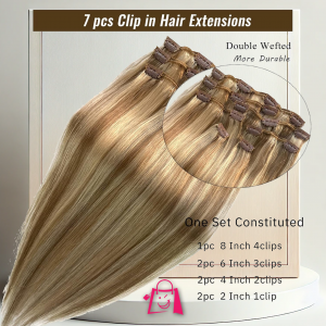 Extensiones de cabello con pinzas, 12 pulgadas, color rubio dorado, balayage