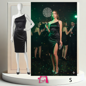 Vestido Satén Negro Talla S: Elegancia de un Hombro y Abertura Seductora