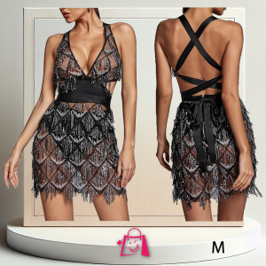 Vestido Mini M con Lentejuelas Bodycon: Escote Halter para Fiesta y Club