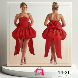 Vestido Corto de Satén Talla 14 (XL): Burbuja Sin Tirantes y Lazo 2025