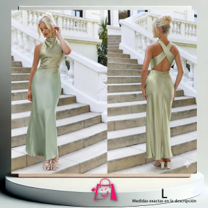 Vestido Largo Satín Verde Caqui Claro