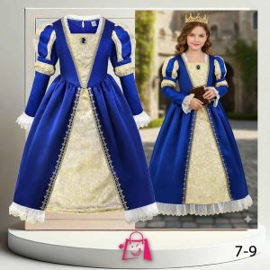 Vestido de Reina Medieval • Color Azul Regio con Detalles Beige y Encaje