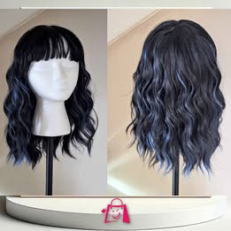Peluca Sintética Ondulada Negra Con Mechas Azules Peluca Mediana Negra Ondulada Con Mechas Azules