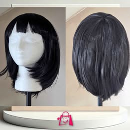 Peluca Sintética Premium Negra Corte Bob En Capas Peluca Bob Corta Negra Con Flequillo Cosplay Fiest