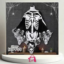 Poncho Capa De Esqueleto Y Calaveras Catrina 1M Halloween Disfraz Poncho Esqueleto Calavera Catrina