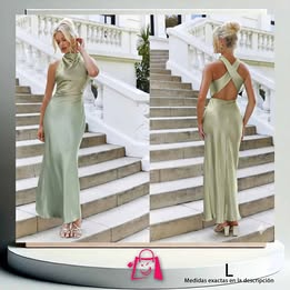Vestido Largo Satín Verde Caqui Claro Talla L