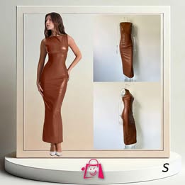 Vestido Midi De Cuero Sintético Café (Talla S)