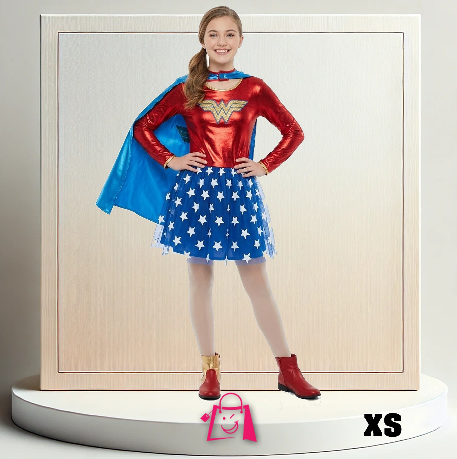 Disfraz Mujer Maravilla Adolescente Talla XS con Capa Disfraz Wonder Woman Vestido Estrellas Tul Halloween Fiesta Cosplay