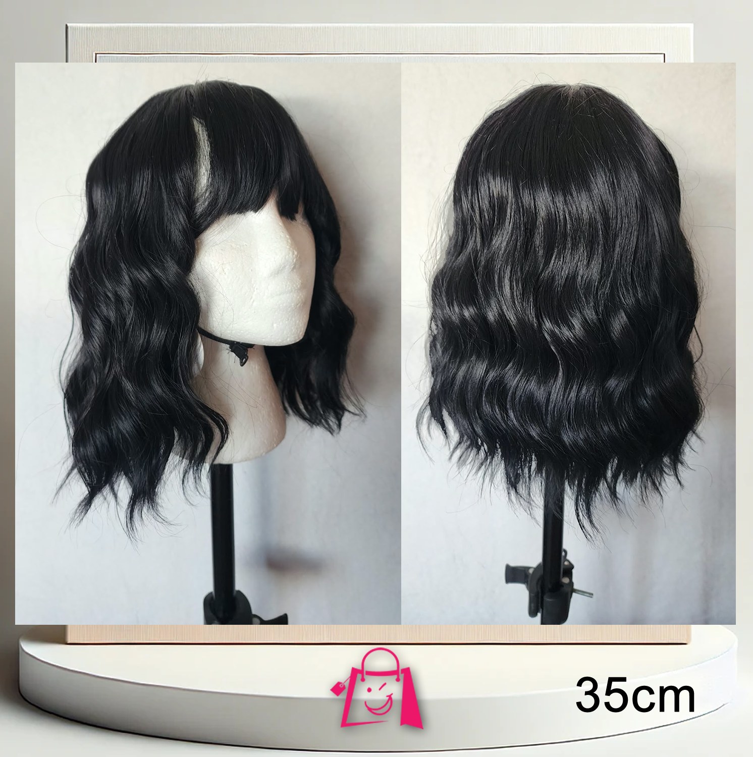 Peluca Negra Ondulada Corta con Flequillo 35 cm Fibra Sintética Premium Corte Bob Ondas Al Agua Cosplay Moda Diaria