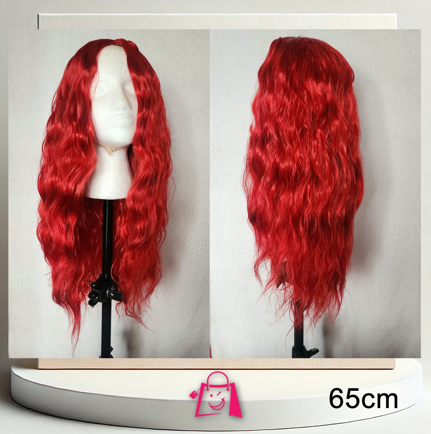 Peluca Roja Ondulada Larga 65 cm Fibra Sintética Premium Resistente al Calor Cosplay Halloween Fiesta Incluye Malla y Ligas