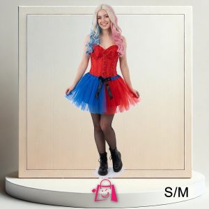Disfraz Harley Quinn Arlequín Corset Rojo y Tutú Bicolor Talla S/M Falda Tul Azul y Roja Fiesta Halloween Cosplay