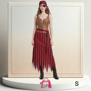 Disfraz Pirata Mujer Vestido Rayas Rojo y Negro Talla S con Corsé Marrón Pañuelo Parche Halloween Cosplay Fiesta Temática