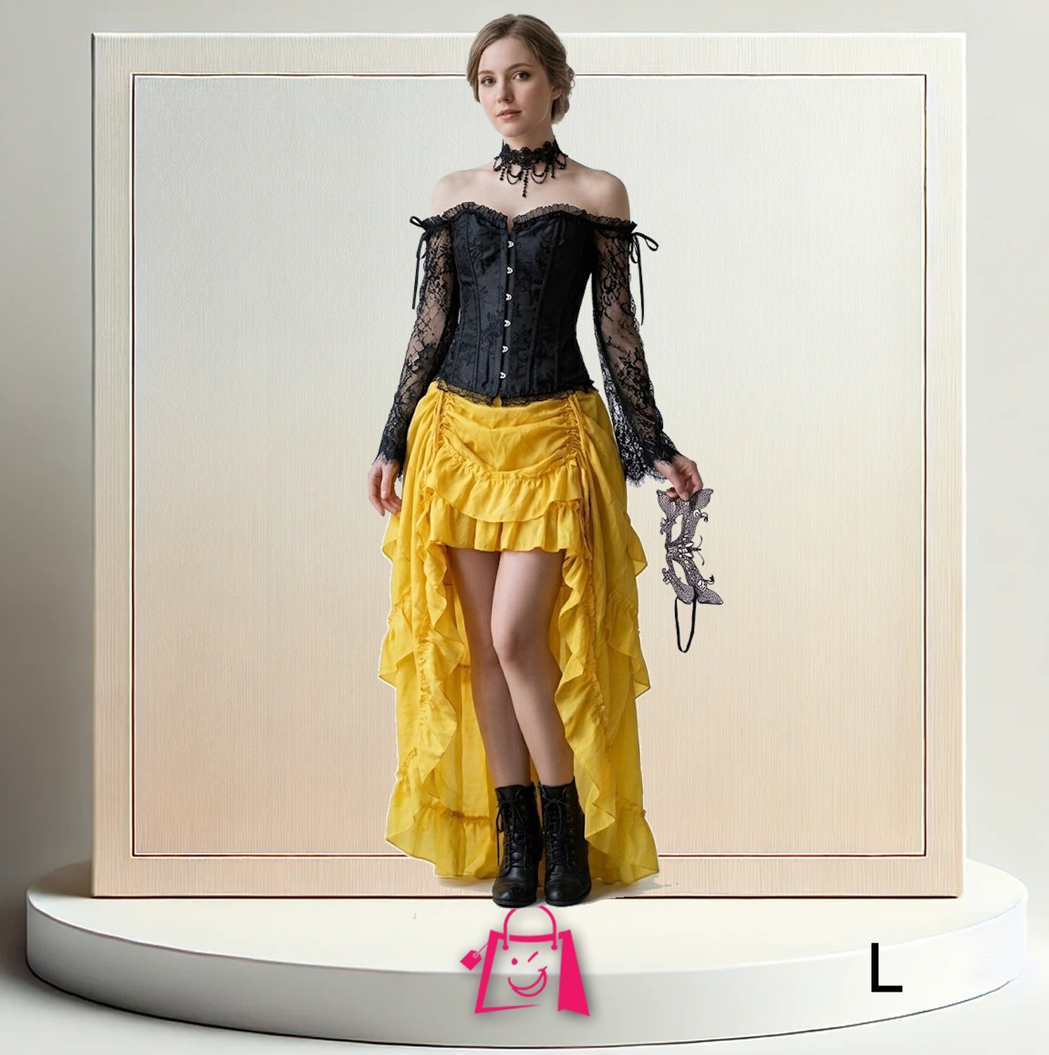 Disfraz Corset Negro y Falda Amarilla Asimétrica Talla L Steampunk Gótico Bella Disfraz Halloween Fiesta Cosplay