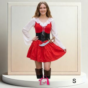 Disfraz Pirata Mujer Vestido Rojo y Blanco con Corsé Fajón Negro Talla S Bucanera Halloween Fiesta Temática Cosplay