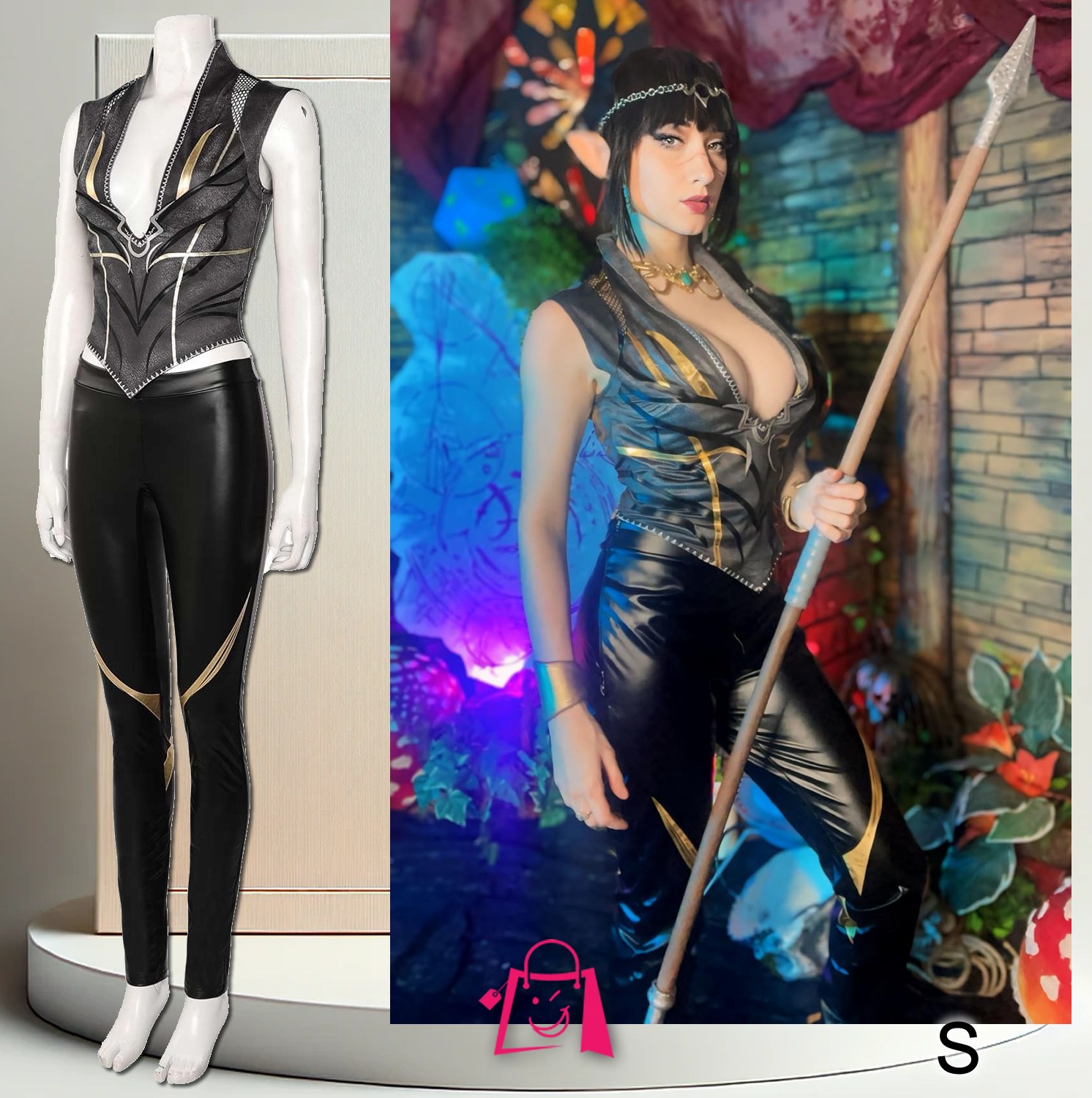 Disfraz Guerrera Elfa Oscura Shadowheart Talla S Traje Fantasía Chaleco Corsetero y Leggings Cuero Sintético Cosplay Halloween Fiesta Temática