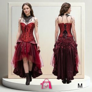 Disfraz Corset Rojo Vino y Falda Asimétrica Steampunk Gótico Talla M Fiesta Temática Cosplay Halloween