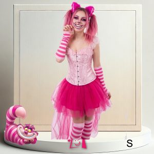 Disfraz Gato de Cheshire Corset Rosa Brocado Tutú Fucsia Guantes y Medias a Rayas Talla S Alicia en el País de las Maravillas Halloween Cosplay Fiesta Temática