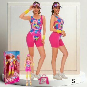 Disfraz Barbie Patinadora Traje Neón Retro Talla S The Movie Enterizo Rosa Estampado Visera y Muñequeras Cosplay Halloween Fiesta Temática