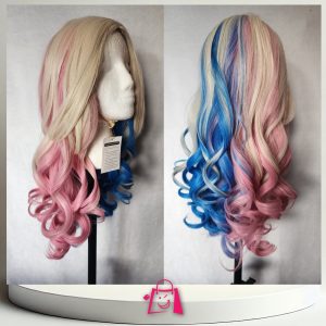 Peluca Sintética Larga Rubia con Mechones Rosa y Azul