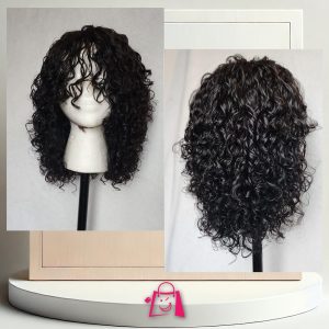Peluca Natural 100% Humana Corta Rizada Negra con Flequillo